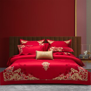 高端刺绣婚庆结婚四件套高档长绒棉全棉纯棉大红陪嫁婚礼床上用品