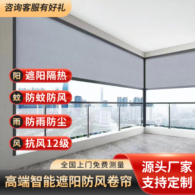 阳台智能防风卷帘户外凉亭阳光房电动纱窗遮阳防尘防雨帘升降窗帘