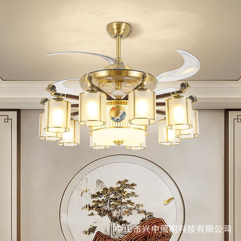新中式全铜吊灯隐形风扇灯吊扇灯中国风餐厅灯客厅奢华别墅铜灯