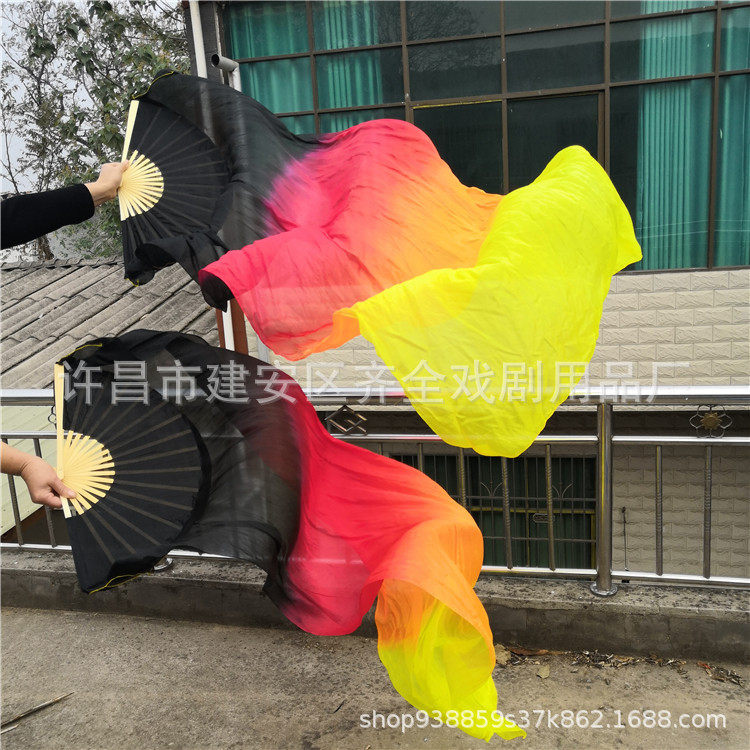 直销直销真丝扇子肚皮舞双扇加长舞蹈扇子彩色长绸扇子真丝长扇