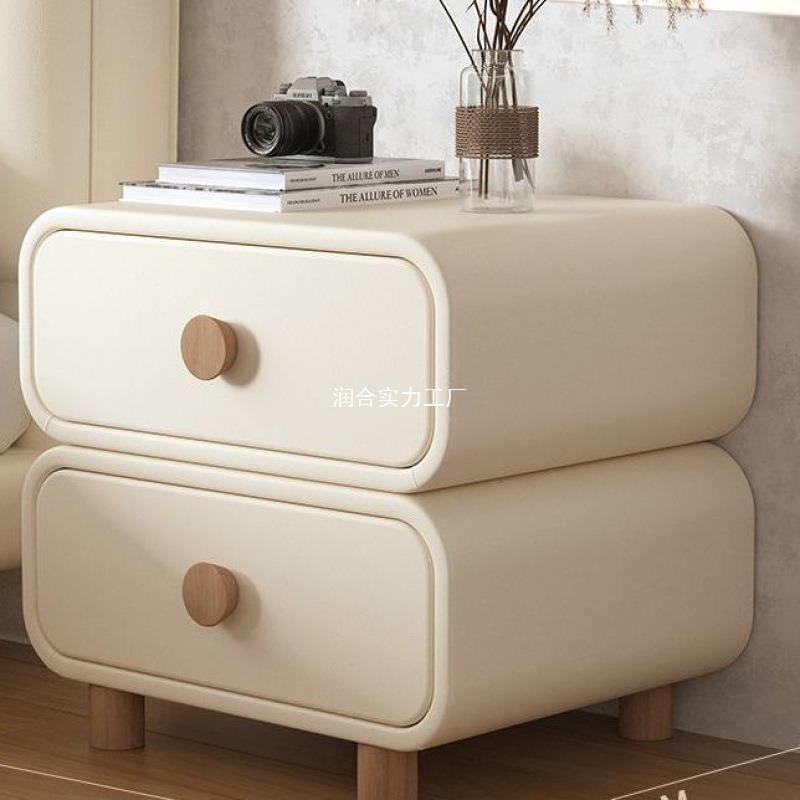 奶油风床头柜卧室实木皮质床边柜简约现代极简易免安装小型收纳柜