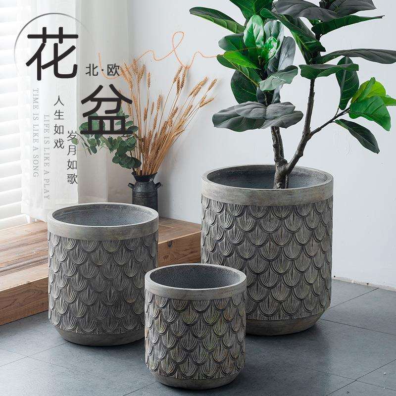 北欧创意复古做旧浮雕圆形水泥花盆园林芭蕉叶绿植盆栽落地花盆
