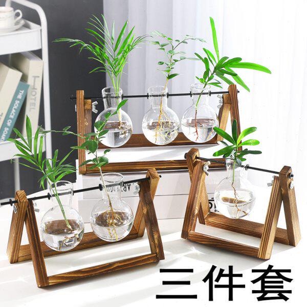 干花创意客厅透明】北欧玻璃插花瓶木架玫瑰家用【三件套水培插花