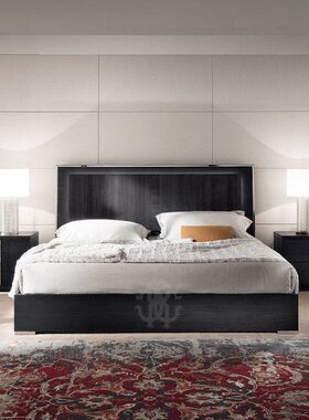 简约大气 全实木靠硬床轻奢式床房 床极简现代老人双人床 意黑色
