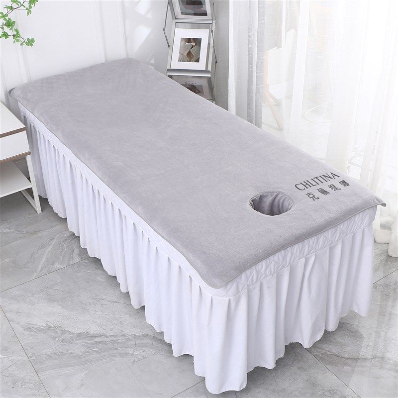 美容院铺床洞巾按摩床巾推拿灰色包边浴巾定制logTo床单带洞大毛