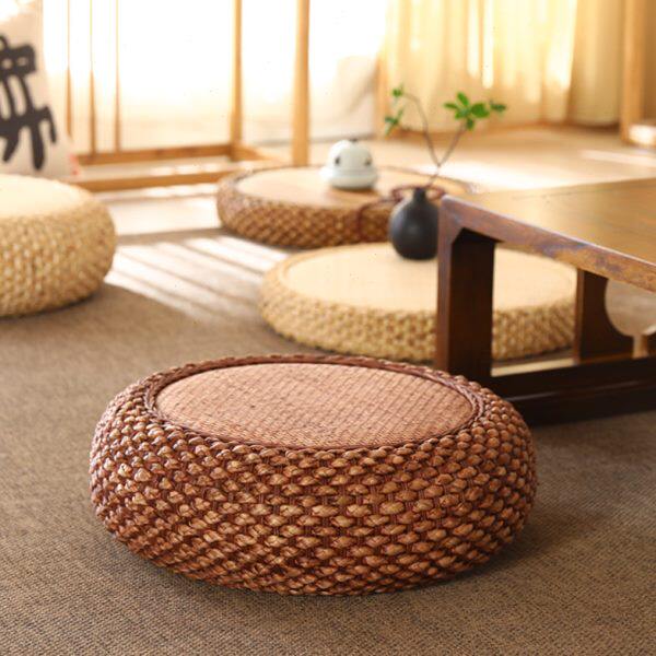 榻榻米圆形蒲团坐垫茶室日式家用复古打坐垫地上坐墩加厚地板藤编