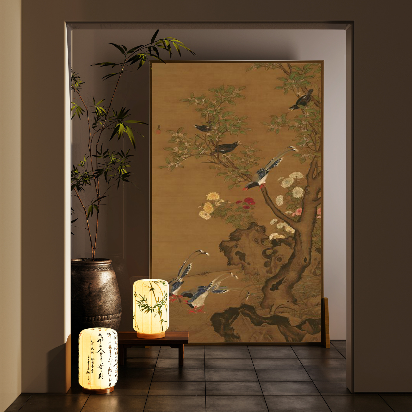 新中式古风禅意中国风花鸟实木移动屏风隔断家用客厅进门玄关座屏