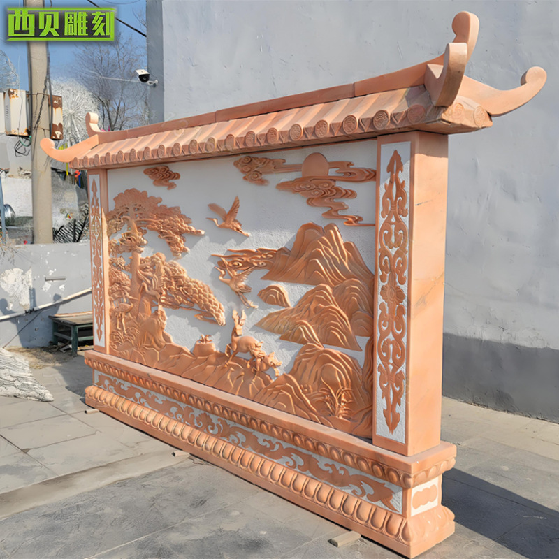 大理石浮雕壁画背景墙厂家石材照壁背景墙花开富贵晚霞红雕刻影墙