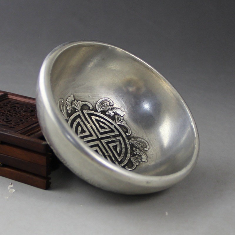 复古做旧铜器收藏摆件现货古玩工J艺品四龙戏珠白铜银碗