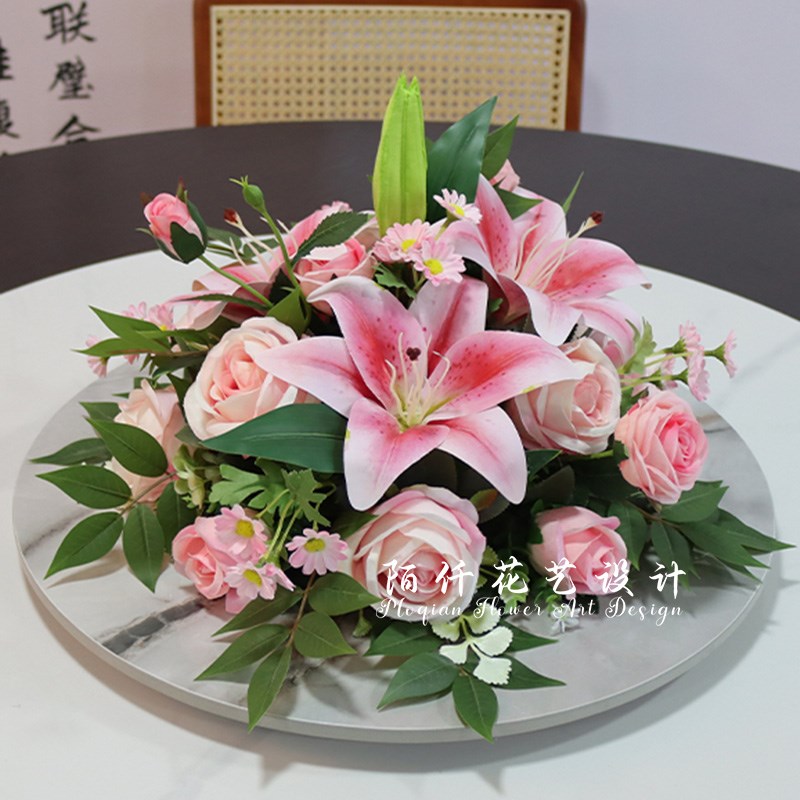 餐厅酒店桌花摆件百合玫瑰圆桌餐桌花摆花饭店桌面转盘中间装饰花