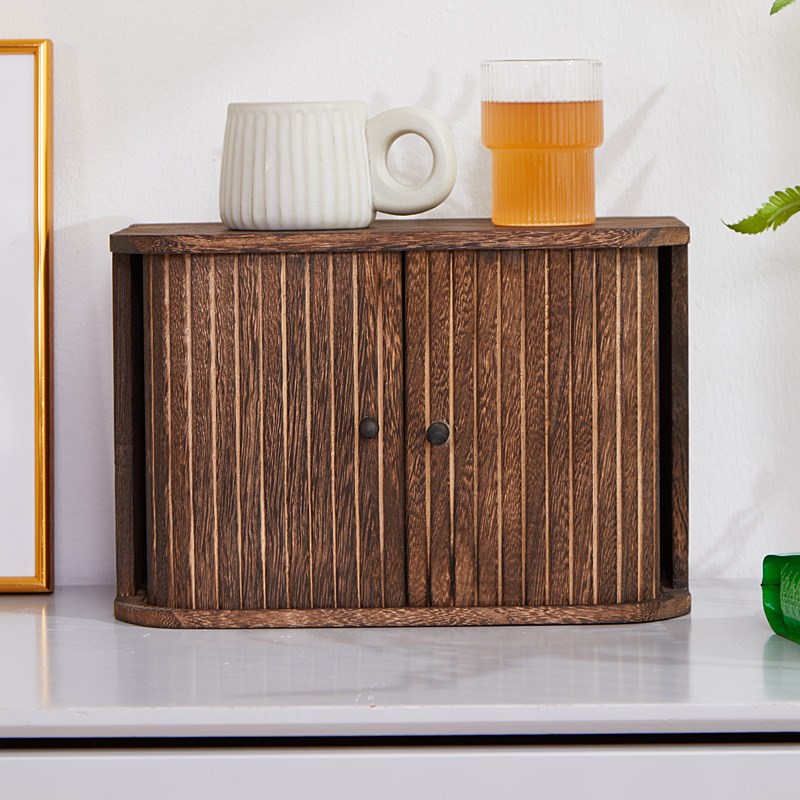 实木防尘卷帘门收纳盒桌面展示收纳储物柜小型家用茶杯茶具收纳柜