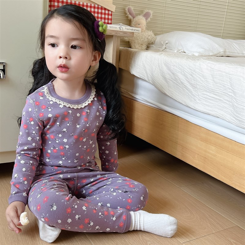 ins韩系网红小碎花秋冬女孩保暖内衣套装男宝宝磨毛无骨秋衣秋裤