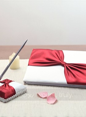 RedBox结婚签到本签名册 酒红色斜花结婚礼签名簿签字笔座 米白色