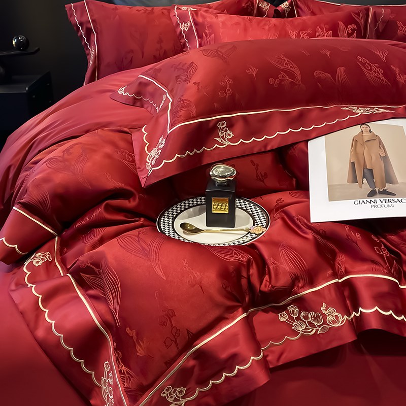 中式婚庆大红色四件套高档提花结婚被套新婚床上用品婚房陪嫁喜被