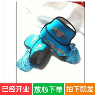 内增高圆头蓝色绣花女打鞋内高快靴戏鞋戏曲用品武旦鞋