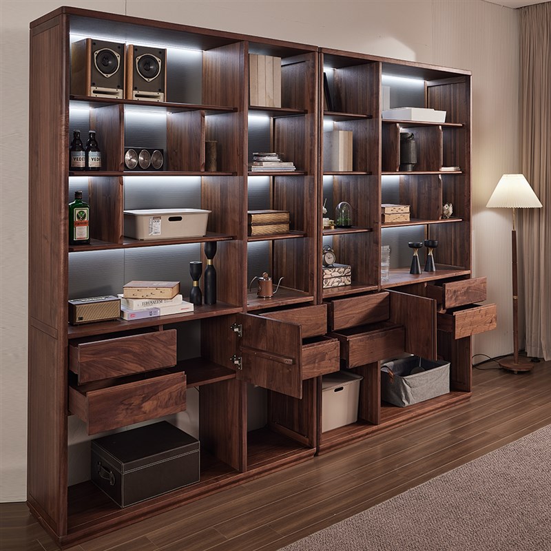 北美黑胡桃木实木书柜带抽屉家用书房落地书架满墙收纳置物展示柜
