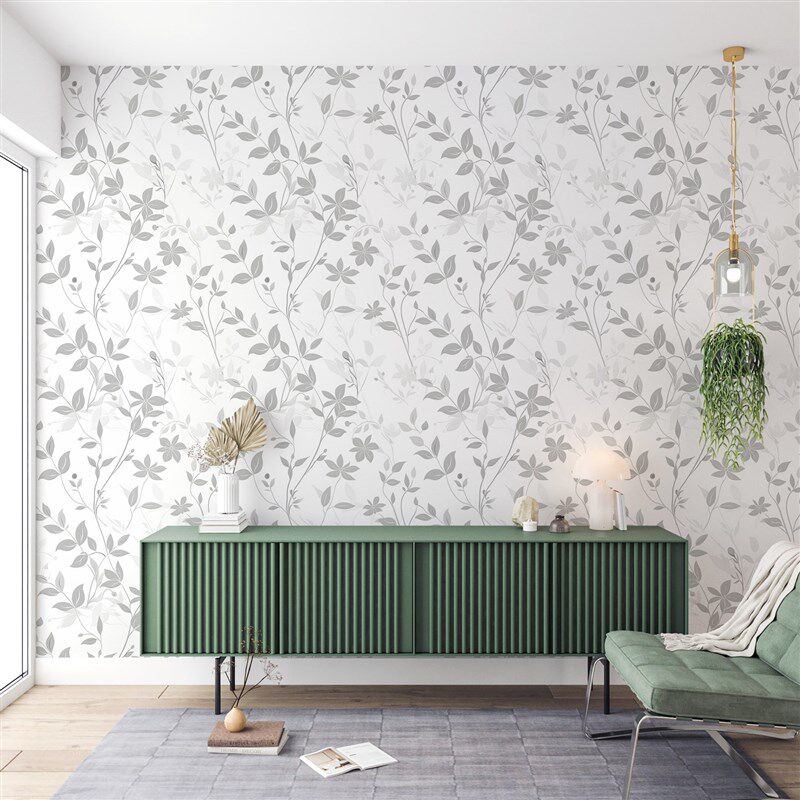 美式小清新简约灰色叶子s藤蔓植物壁纸民宿卧室客厅餐厅背景墙壁