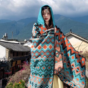 青海西藏云南旅游斗篷披风女秋冬加厚民族风拍照出片超大开叉披肩