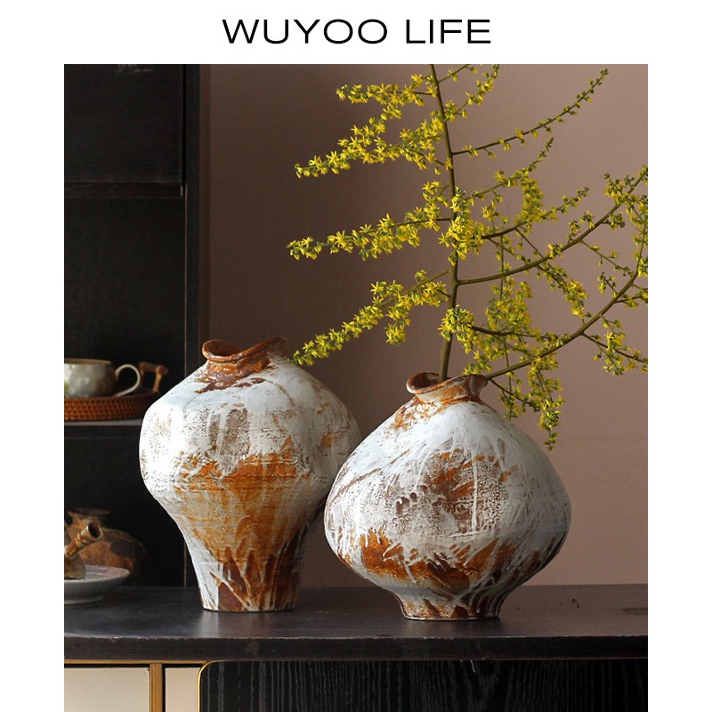 侘寂风复古粗陶侘l寂风花瓶客厅玄关桌面水培插花器手工异型陶罐