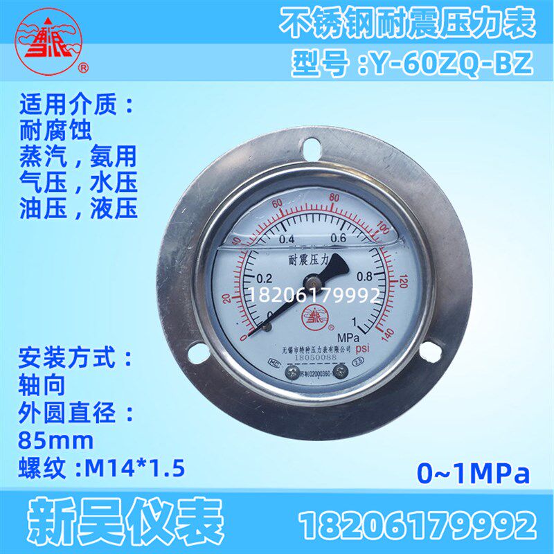 无锡特种雪浪 Y-60ZQ-BZ全不锈钢耐震304蒸汽防腐氨用压力表