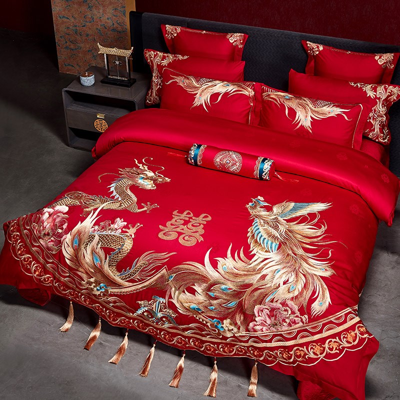 高档婚庆100S长绒棉床单四件套纯棉结婚龙凤刺绣被套床盖床上用品
