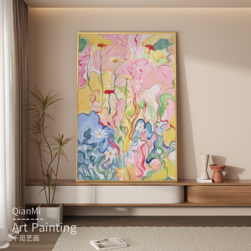 抽象花卉餐厅民宿竖版装饰画艺术客厅壁画多巴胺进门玄关挂画图片