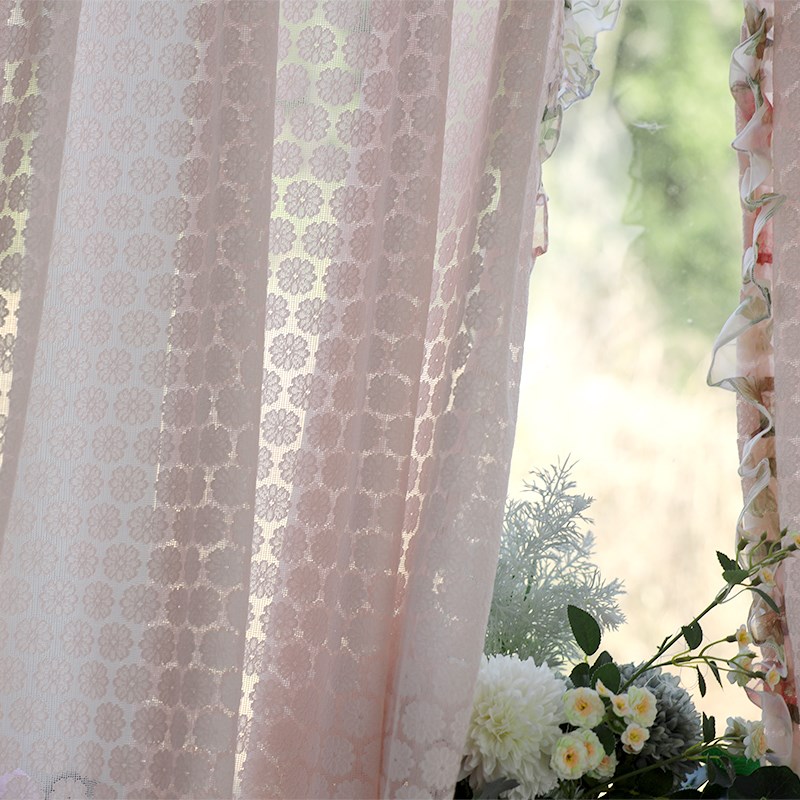 韩式田园粉色荷叶边纱帘门帘免打孔短帘半截纱帘卧室纱帘厨房窗帘