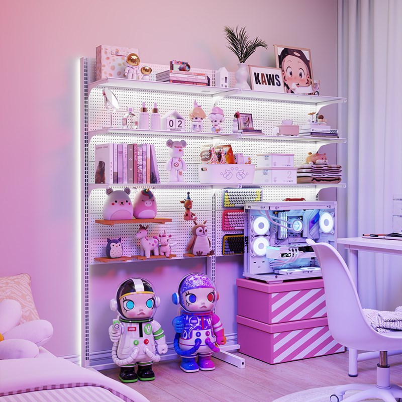 电竞洞洞板立式置物架落地展示架金属收纳书房电脑桌面装饰改造