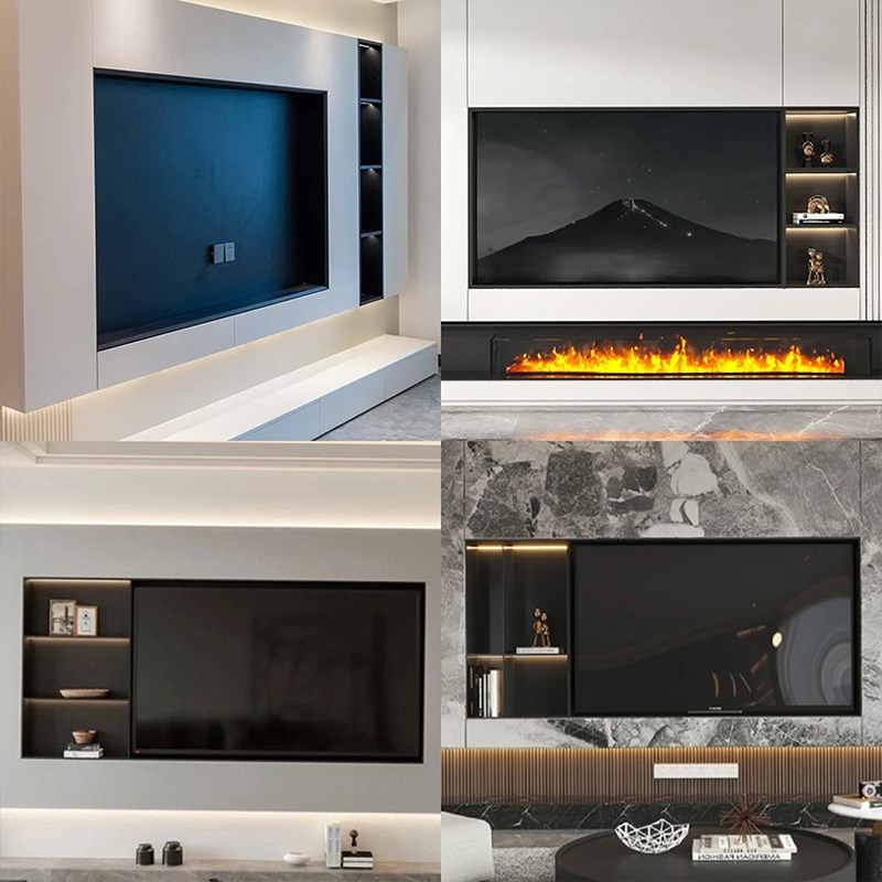 现货85寸不锈钢电视壁龛镶嵌入式背景墙装饰75寸金属边框展示书柜