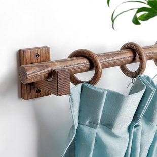 实木窗帘杆单杆双杆胡桃色民宿木杆伸缩简约打孔罗马杆窗帘支架