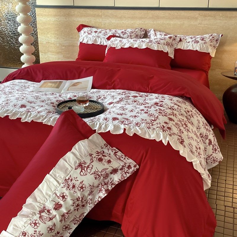 160支婚嫁长绒棉四件套红色新婚庆花边床品喜被纯棉结婚床单1.8床