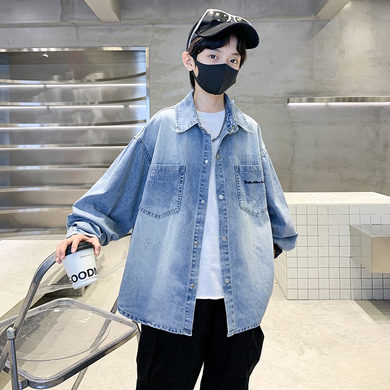 男童牛仔衬衫春秋款2025新款儿童春装大童春季衬衣长袖男孩潮帅气