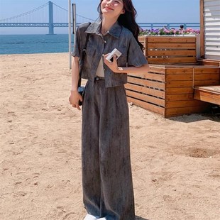 新款 韩系高级感扎染衬衫 女夏季 套装 甜酷小个子慵懒风两件套 阔腿裤