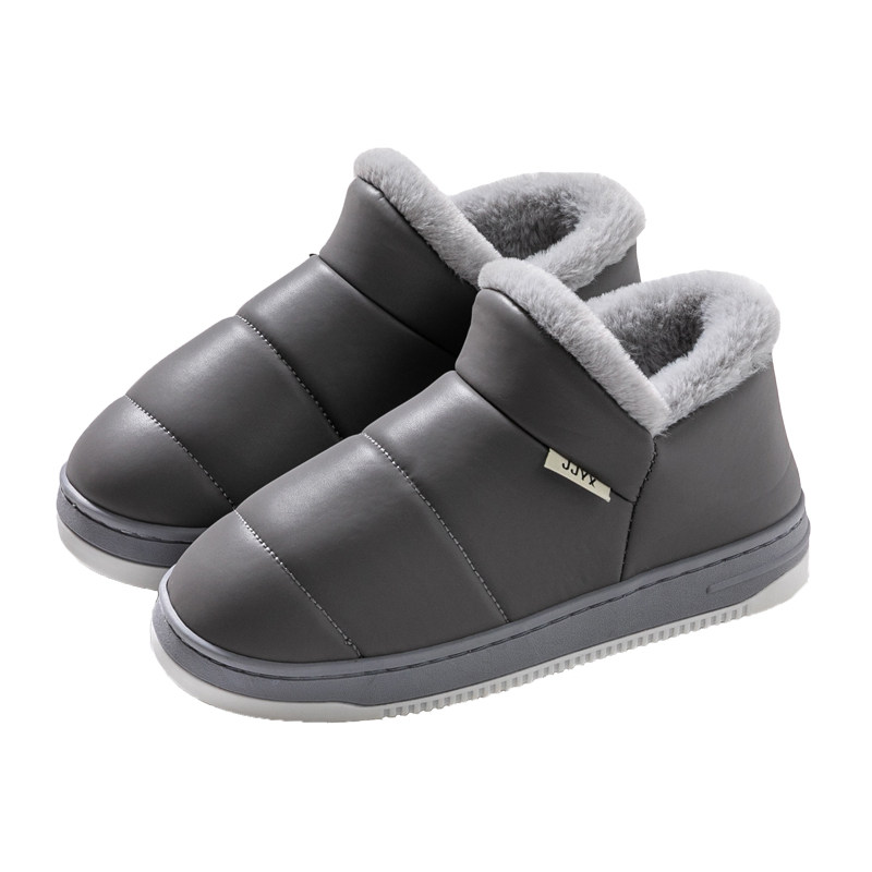 老人冬季棉拖鞋女士防滑皮面防水包跟男款加绒毛厚底保暖室内家居