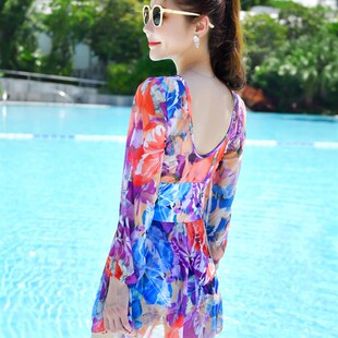 温泉泳装 泳衣女高级感仙气连体裙式 微胖女孩显瘦遮肚钢托聚拢长袖