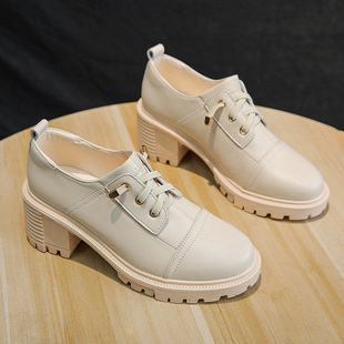 F百搭白色单鞋 高跟鞋 韩版 春秋女鞋 粗跟英伦风小皮 子女2021年新款