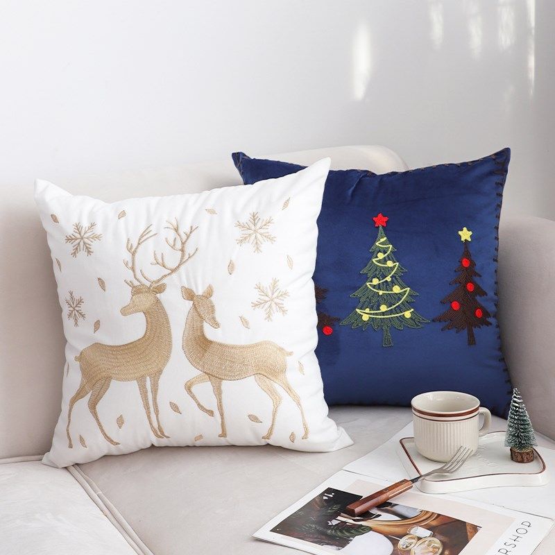金色圣诞刺绣抱枕节日靠枕 装饰客厅沙发抱枕套不含芯方枕靠垫