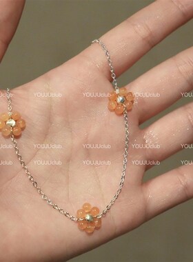 YOUJUclub-青春甜美~超仙温柔优雅橙色花朵细款夏W日项炼锁骨炼女