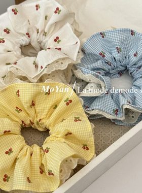 韩系AB面红色樱桃格子拼绣花布艺大肠发圈甜美时尚扎头绳马尾发绳