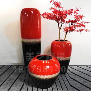 样板房瓷瓶装饰陶罐中国红色陶瓷落地插花瓶中式陶缸摆件艺术花钵