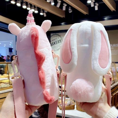 圣诞麋鹿兔子保温杯水杯斜跨背带可爱毛绒保护套袋兔耳朵送人礼品