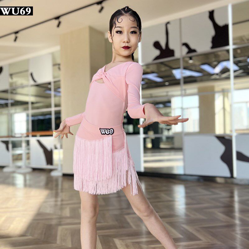 W69儿童拉丁舞练功服女专业舞蹈训练服流苏幼儿T拉丁舞服表演服装
