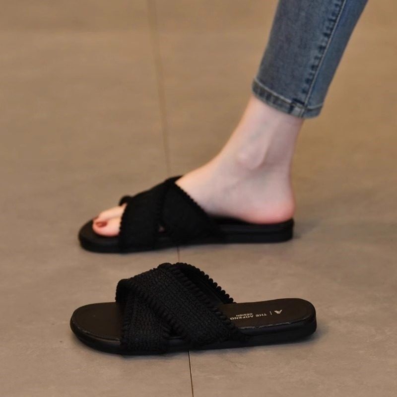黑色平底绝美凉拖鞋女夏季外穿沙滩度假高级感一字交叉带孕妇拖鞋,女鞋,一字拖,淘宝优惠券,粉丝福利购,淘宝优惠卷