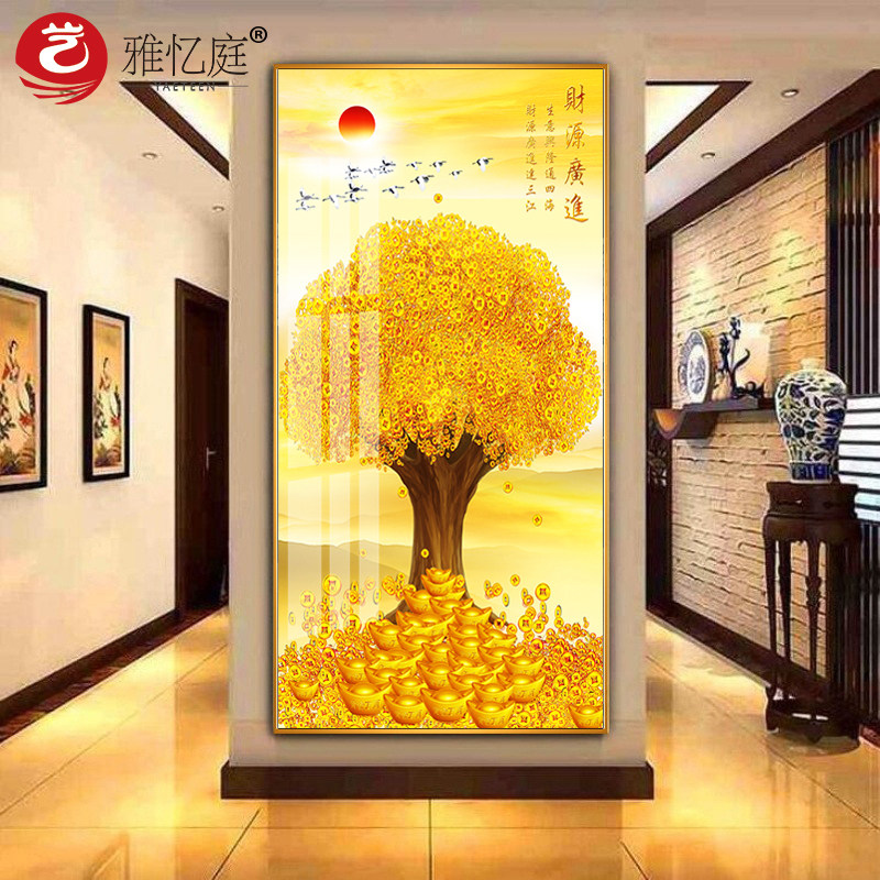 中式玄关装饰画单幅走廊过道竖版壁画发财树墙面V挂画晶瓷画墙画