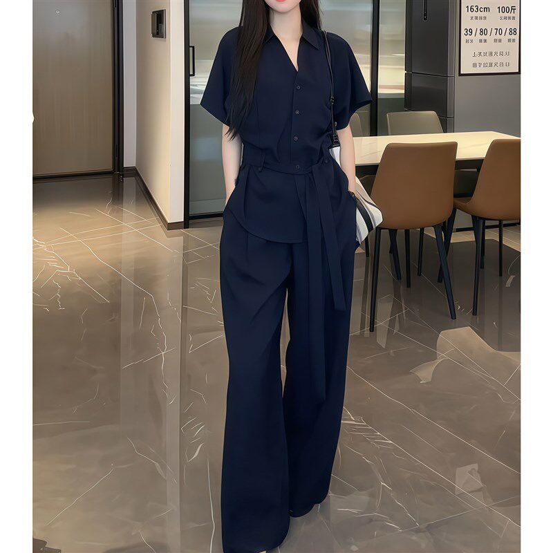 时尚套装女2025夏季新款爆款大尺码胖mm宽松显P瘦衬衫阔腿裤两件