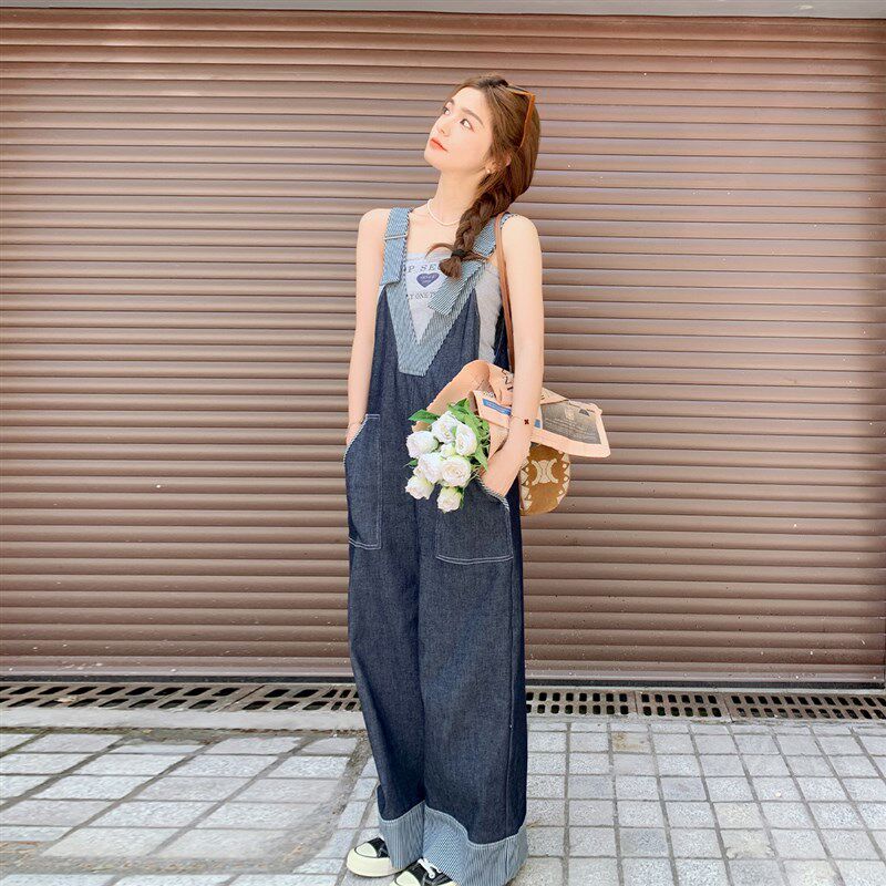 小众设计感拼接i牛仔背带裤女2025夏季新款韩版工装减龄连体阔腿