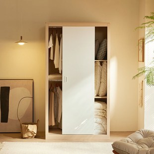 移门衣柜1.1米实木趟门推拉两门 原木色衣橱储物柜小户型1米4双门