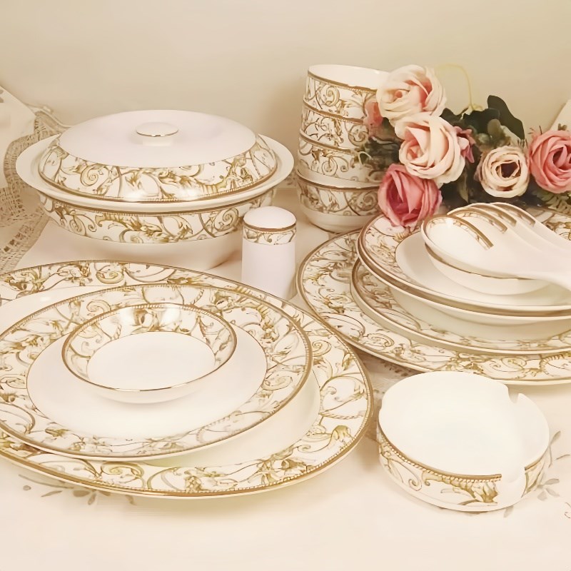 高级礼品送领导金边骨瓷餐具陶瓷碗碟套装唐山骨瓷盘子结婚乔迁礼