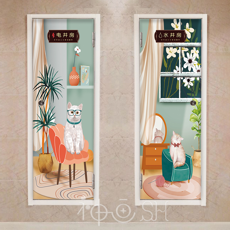 109清新猫咪水井门贴纸自粘可定制水井房装饰贴纸旧门翻新贴