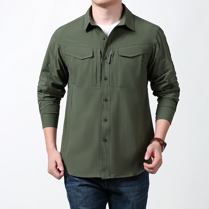 双拉链大口袋春夏季新款男士工装长袖衬衫大码纯棉中青年衬衣薄